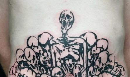 남성 복부에 새겨진 커다란 블랙워크 해골 문신 (해골 포함)