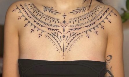 여성 쇄골에 새겨진 커다란 블랙워크 만다라 문신